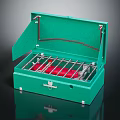 Green Storage Box With Metal Grid Rack And Red Items Inside For Daily Use