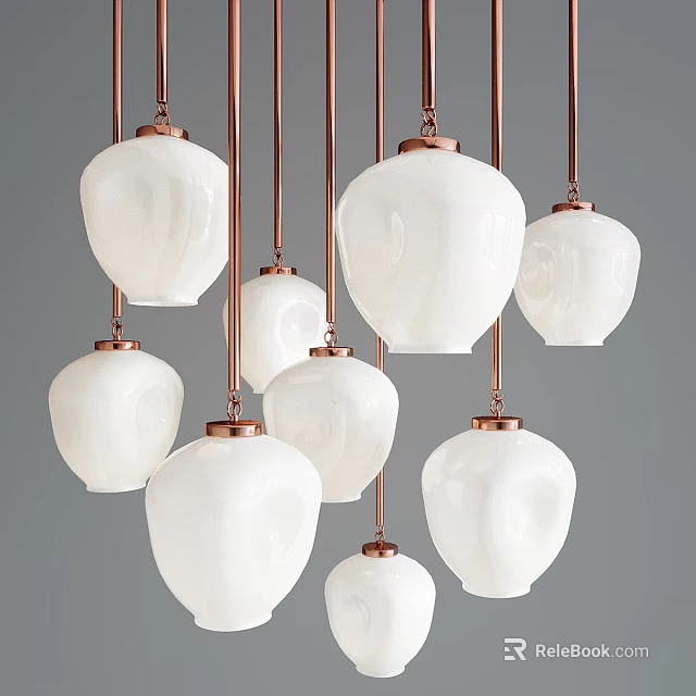 Stylish Contemporary Multiple Chandeliers With White Shades And Copper Frames Design 3d model 