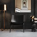 Stylish Black Casual Sofa Set With Vertical Striped Walls Marble Table And Arched Art Decorations