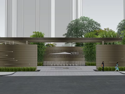 Modern Garden Landscape Design With Wooden Entrance Green Plants Water Feature And Pedestrians 3d model