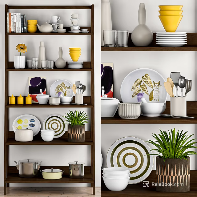 Stylish Kitchenware Display On Shelves With Decorative Plates Green Plants And Bowls 3d model 
