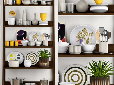 Stylish Kitchenware Display On Shelves With Decorative Plates Green Plants And Bowls 3d model