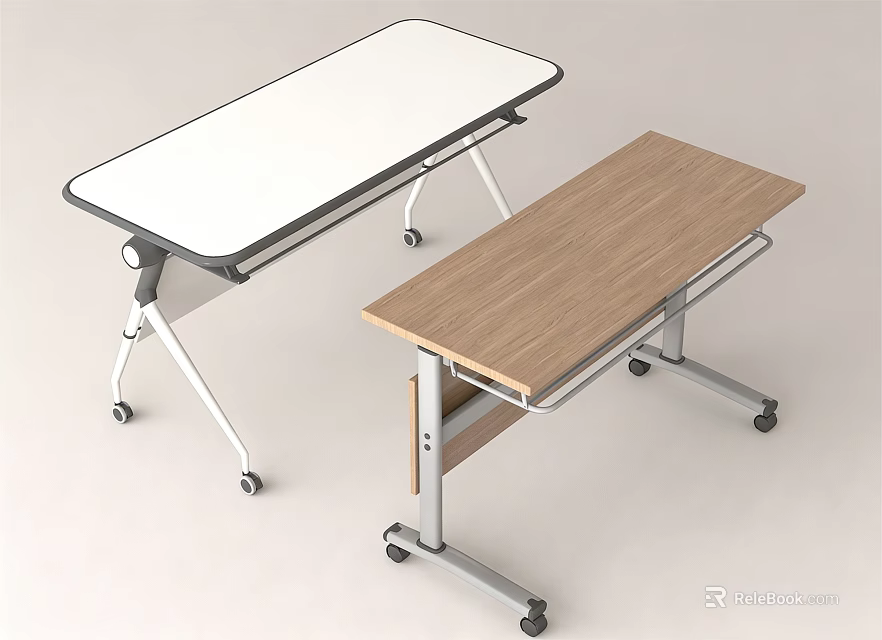 Foldable Rolling Desks With White And Wooden Tops And Metal Frames 3d model 