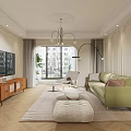 Modern Living And Dining Room Interior With Arched Design Chandelier And Wooden TV Cabinet