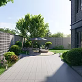 Garden Landscape Design With Outdoor Leisure Area Umbrella Wicker Furniture Trimmed Bushes And Stone Path