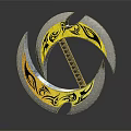 Double Ring Bladed Weapon With Yellow Black Decorative Patterns Metal Blades And Wooden Handle