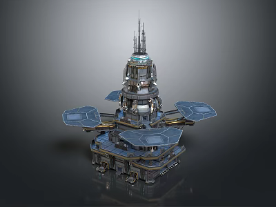 Futuristic Metallic Tower Structure Featuring Multiple Platforms Spires And Sci Fi Design 3d model
