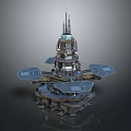 Futuristic Metallic Tower Structure Featuring Multiple Platforms Spires And Sci Fi Design