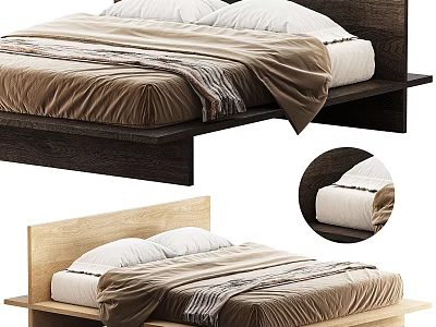 Modern Double Bed With Wooden Headboard Brown Quilt Striped Blanket And White Pillows 3d model