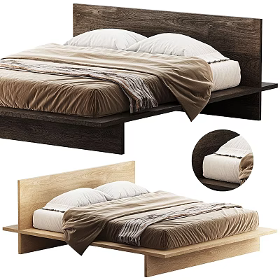 Modern Double Bed With Wooden Headboard Brown Quilt Striped Blanket And White Pillows 3d model