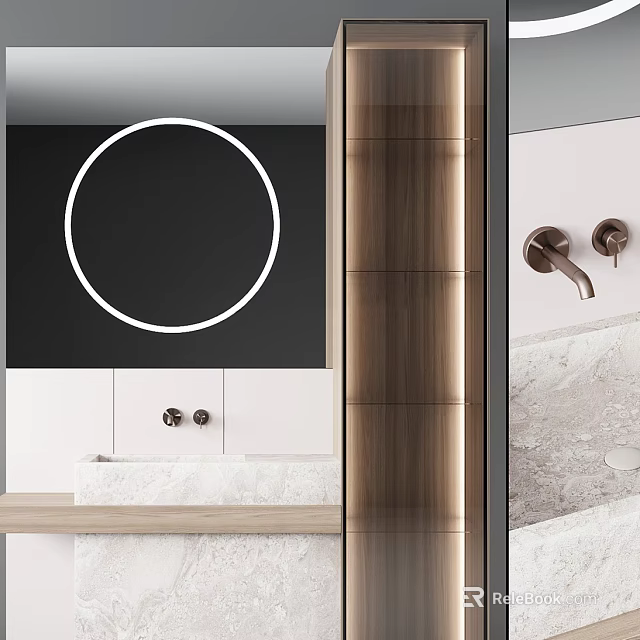 Sleek Modern Sink Vanity Interior With Round Illuminated Mirror And Marble Countertop 3d model 