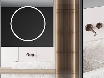 Sleek Modern Sink Vanity Interior With Round Illuminated Mirror And Marble Countertop 3d model