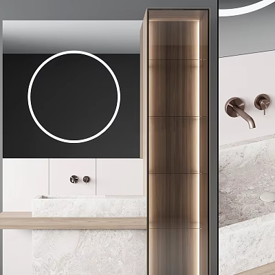 Sleek Modern Sink Vanity Interior With Round Illuminated Mirror And Marble Countertop 3d model