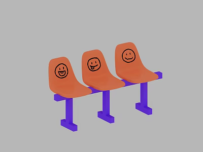 Public Chair With Three Orange Smiley Face Seats And Purple Legs 3d model