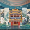 Traditional Chinese Palace Architectural Design With Yellow Roof Red Pillars Landscape Screens And Water