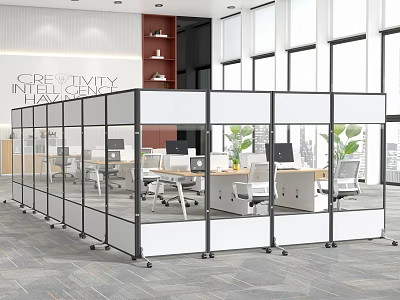 Modern Office Interior With Glass Partition Desks Computers Plants And Large Windows 3d model