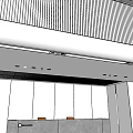 Modern Hotel Lobby With Striped Walls Orange Chairs Balcony And Elegant Ceiling Design