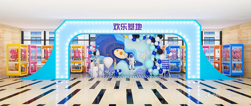 Blue Themed Playground Equipment in Happy Base with Balloon Decor Astronaut Stars and Planets 3d model 