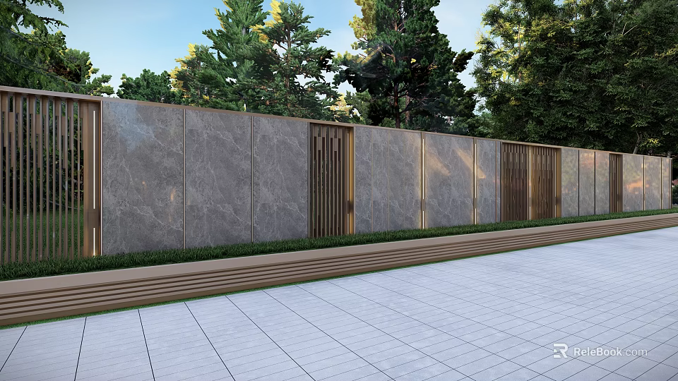 Garden Landscape Design with Gray Stone Wall Wooden Lattice Gates Paved Ground and Green Trees 3d model 