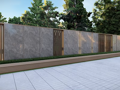 Garden Landscape Design with Gray Stone Wall Wooden Lattice Gates Paved Ground and Green Trees 3d model