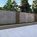 Garden Landscape Design with Gray Stone Wall Wooden Lattice Gates Paved Ground and Green Trees