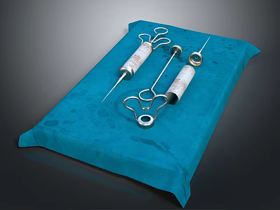 High Quality Medical Instruments Including Syringes And Metal Components On Blue Pad 3d model