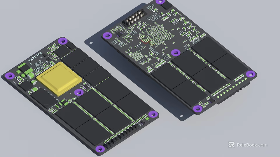Dual Printed Circuit Boards Featuring Yellow Chips Purple Mounting Holes And Electronic Components 3d model 