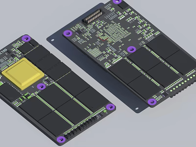 Dual Printed Circuit Boards Featuring Yellow Chips Purple Mounting Holes And Electronic Components 3d model