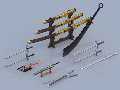 Traditional Japanese Katana Broadsword Short Swords And Daggers On Wooden Stand Collection 3d model