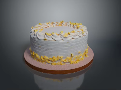 Elegant Round Cake With White Cream Frosting Yellow Petal Decorations And Pink Base 3d model
