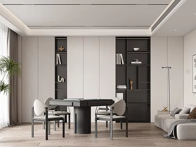 Modern Living Dining Area With Shelves Sofa And Plants 3d model