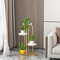 Gold Metal Multi Tier Plant Stand With Green Indoor Plants For Living Room