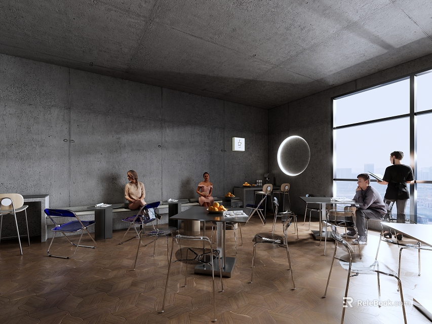 Modern Café Interior With Gray Walls Concrete Ceiling Large Windows And Wooden Flooring 3d model 