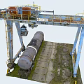 Rusted Industrial Equipment Structure With Yellow Guardrails Metal Platform And Pipes On Concrete Floor