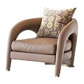 Modern Brown Leather Leisure Chair with Curved Armrests and Patterned Cushion
