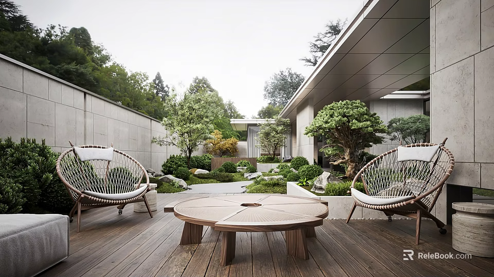 Roof Garden With Wooden Deck Wicker Chairs Round Table Green Plants And Trees 3d model 