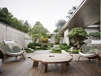 Roof Garden With Wooden Deck Wicker Chairs Round Table Green Plants And Trees 3d model