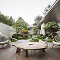 Roof Garden With Wooden Deck Wicker Chairs Round Table Green Plants And Trees