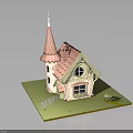 Fairy Tale Cottage With Pink Spire Red Roof Arched Windows And Green Lawn Pathway