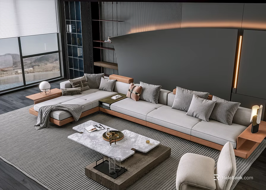 Modern Living Room Sofa Coffee Table Set With Comfortable Cushions And Marble Table Top 3d model 