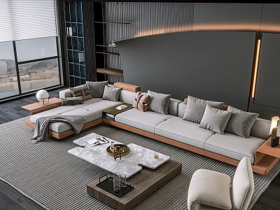 Modern Living Room Sofa Coffee Table Set With Comfortable Cushions And Marble Table Top 3d model