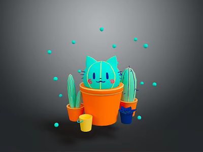 Game Character Blue Cat Face In Orange Pot With Small Cacti And Floating Blue Dots 3d model