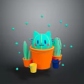 Game Character Blue Cat Face In Orange Pot With Small Cacti And Floating Blue Dots