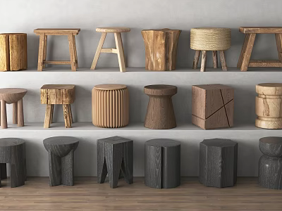 Various Wooden Stools With Different Designs And Tones Displayed On Wall Shelves 3d model
