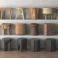Various Wooden Stools With Different Designs And Tones Displayed On Wall Shelves
