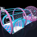 Exhibition Entrance Arch Structure In Pink And Blue With Checkerboard Floor And LOGO