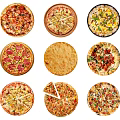 Assorted Pizza Varieties With Different Toppings Arranged On Gray Background
