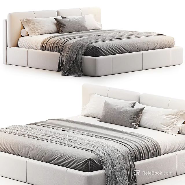 Cozy Modern Double Bed With Soft Gray And White Bedding And Plush Pillows 3d model 
