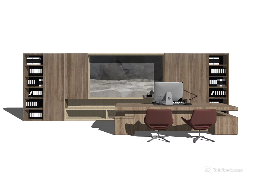 Wooden Office Desk Setup With Two Chairs Computer Bookshelves And Decorative Painting 3d model 