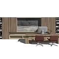 Wooden Office Desk Setup With Two Chairs Computer Bookshelves And Decorative Painting